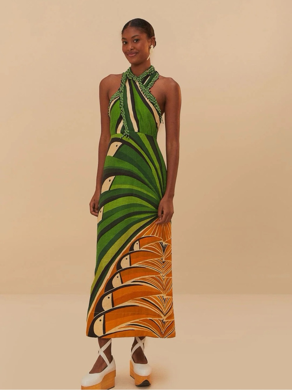FARM Rio Toucan Tree Green & Orange Fan-Print Twist Halter Maxi Dress. Med. NWT